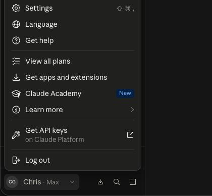 Claude's account menu with Settings