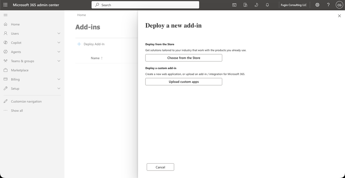 The Deploy a new add-in panel with Choose from the Store and Upload custom apps buttons