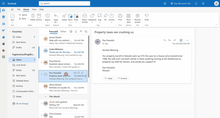 Pete drafting a constituent reply inside Outlook, start to finish