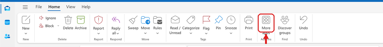 The Outlook on the web Home ribbon; the More apps button sits between Print and Discover groups