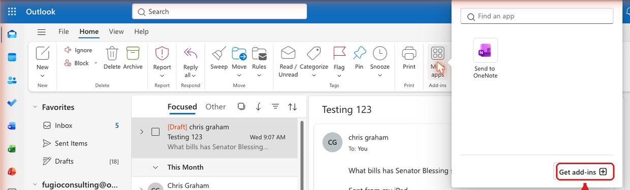 The More apps panel, with the Get add-ins button in its bottom-right corner