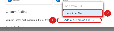 The Custom Addins section: Add a custom add-in, then Add from File